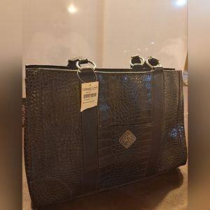 COLDWATER CREEK BROWN BLACK FAUX CROC LEATHER EMBOSSED SATCHEL TOTE 16X11.5X4